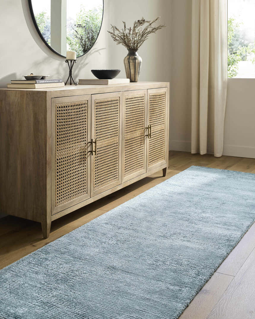 Entryway with a light wood console table and gray Nuray Area Rug runner. Roomscene-Runner