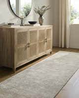 Entryway with light wood cabinet, round mirror, and neutral Pirro Premium Wool Blend Rug runner. Roomscene-Runner