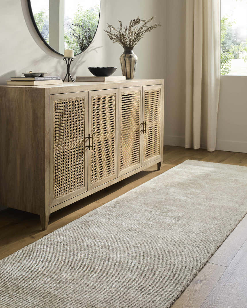 Entryway with light wood cabinet, round mirror, and neutral Pirro Premium Wool Blend Rug runner. Roomscene-Runner
