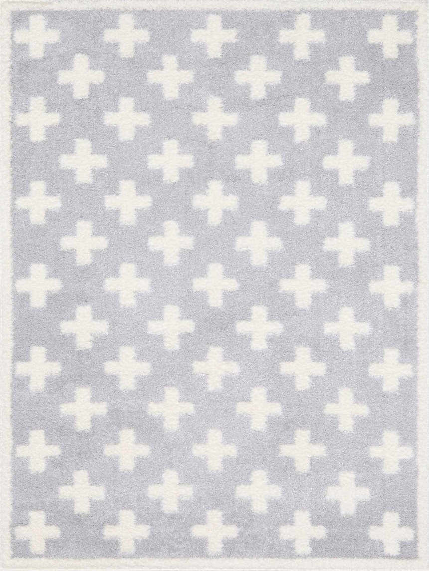 Close-up of Satu Blue Area Rug featuring a light gray plus sign pattern on a gray shag texture. Design-Rectangle