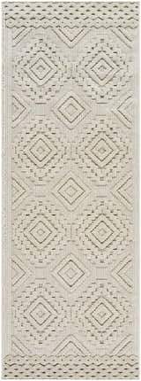 Close-up of the Arwid Bone Area Rug. Features a geometric diamond pattern in beige, bone, and brown hues. Design-Runner-2773