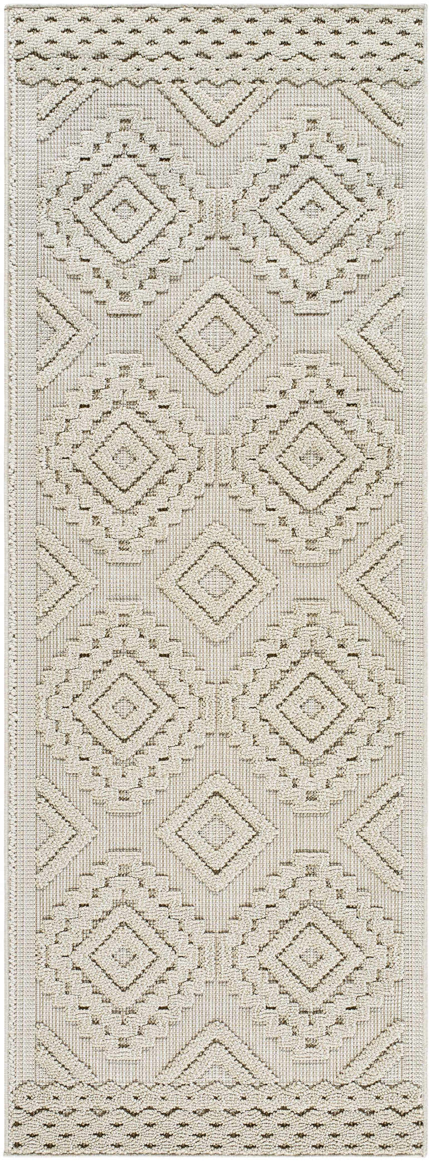 Close-up of the Arwid Bone Area Rug. Features a geometric diamond pattern in beige, bone, and brown hues. Design-Runner-2773