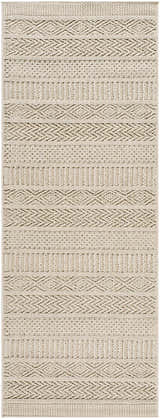 Close-up of the Corom Beige Area Rug, featuring a contemporary geometric pattern and neutral beige, bone, and brown tones. Design-Runner-2773