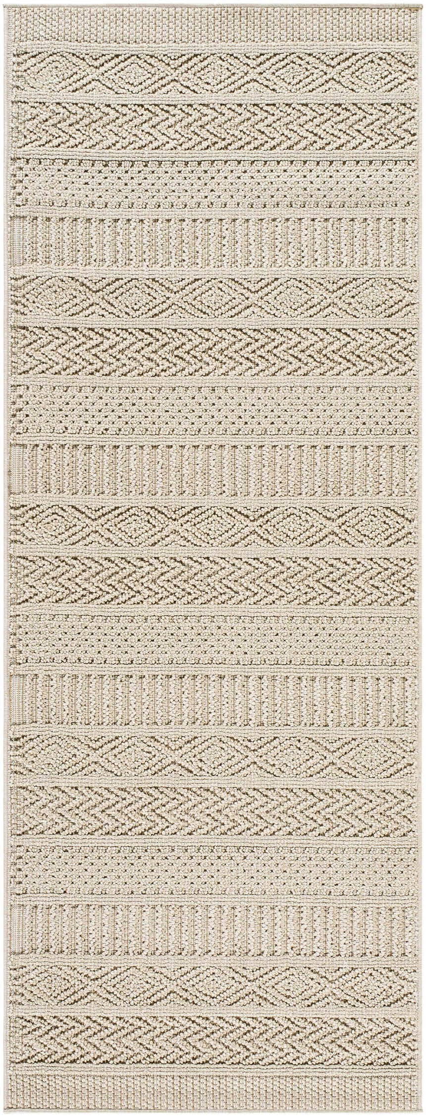 Close-up of the Corom Beige Area Rug, featuring a contemporary geometric pattern and neutral beige, bone, and brown tones. Design-Runner-2773