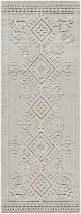 Close-up of the Galam Area Rug. Khaki and tan rug with a contemporary diamond and floral pattern. Machine woven texture. Design-Runner-2773