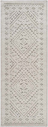 Close-up of the Hibah Natural Gray Area Rug showing its contemporary geometric pattern and textured, machine-woven construction. Design-Runner-2773
