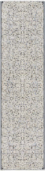 Close-up of the Haran Cloud Gray Area Rug, a machine-woven rug with a farmhouse style pattern in cloud gray and medium gray. Design-Runner-2710