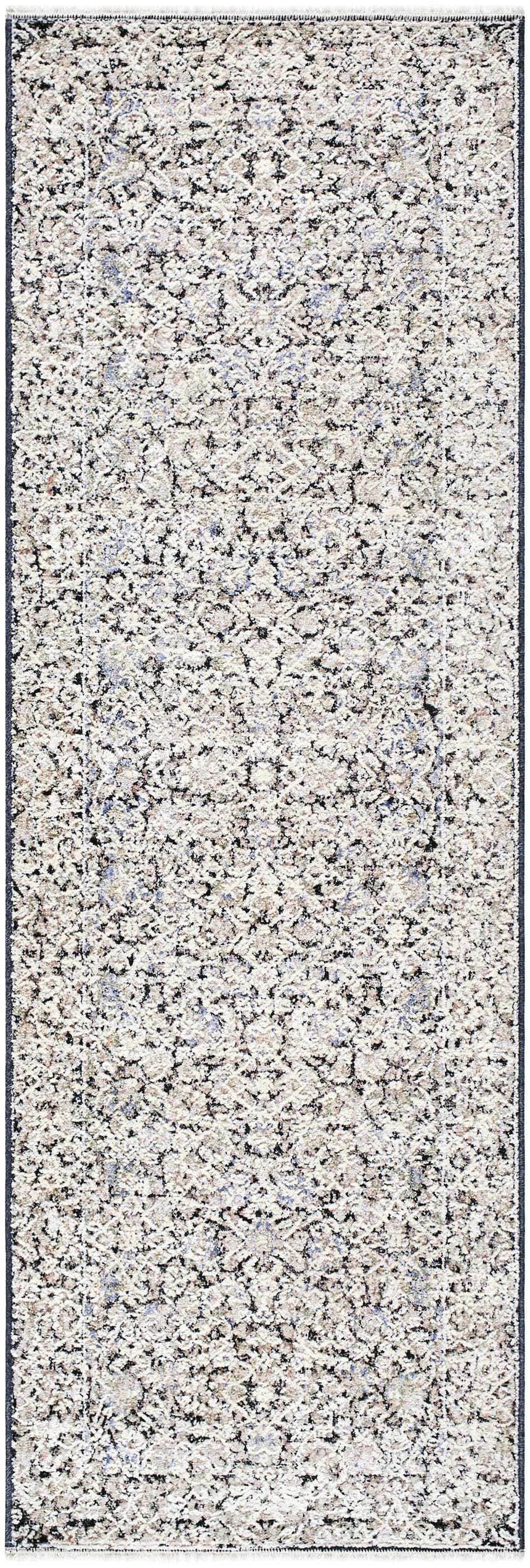 Close-up of the Haran Cloud Gray Area Rug, a machine-woven rug with a farmhouse-style, cloud gray and medium gray pattern. Design-Runner-27710