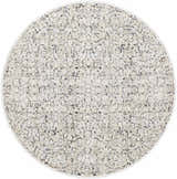 Close-up of a round Haran Cloud Gray Area Rug. Features a traditional floral pattern in cloud gray, medium gray, and black. Design-Round-67