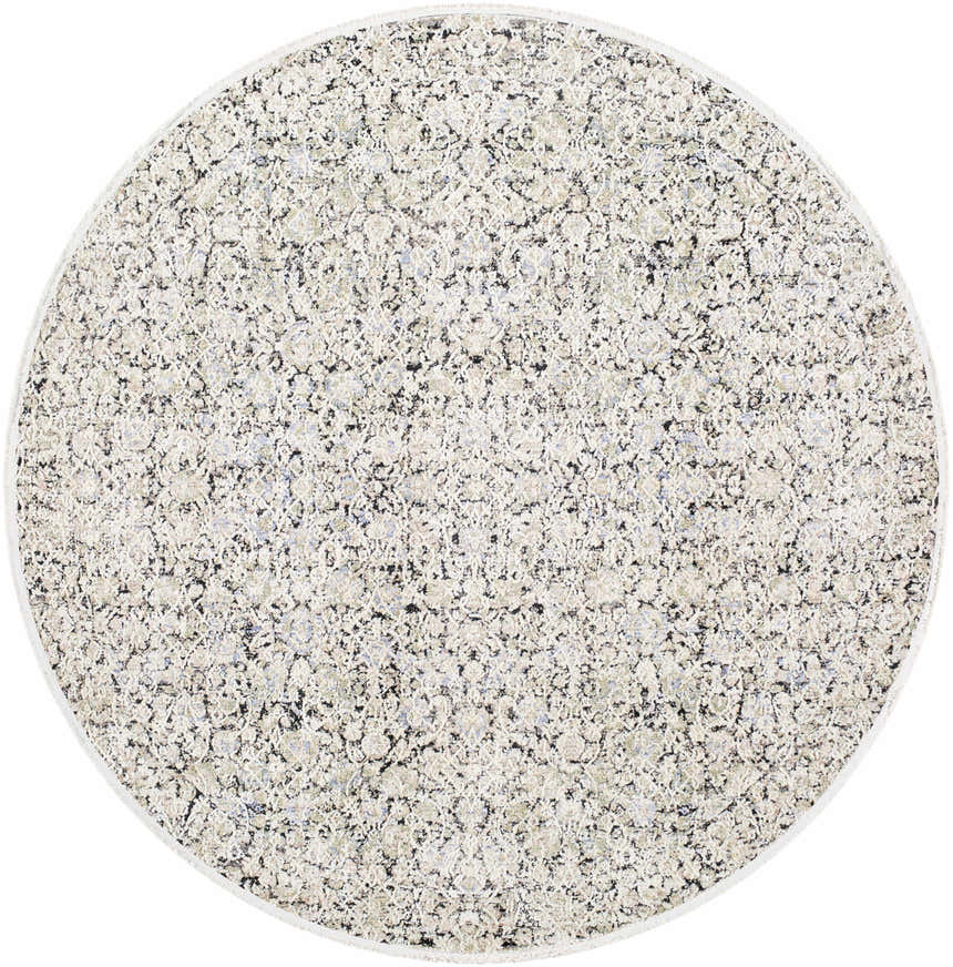 Close-up of a round Haran Cloud Gray Area Rug. Features a traditional floral pattern in cloud gray, medium gray, and black. Design-Round-67