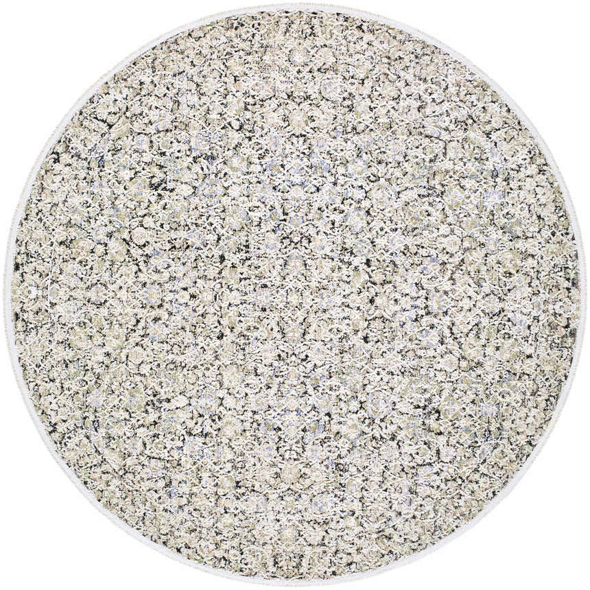 Close-up of the round Haran Cloud Gray area rug. The rug has a traditional floral pattern in cloud gray and medium gray tones. Design-Round-7