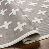 Close-up of the Alvar SFG-2341 Area Rug showing a gray woven texture and raised white plus sign pattern. Fold