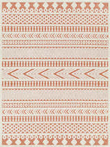 Close-up of the Jove Orange Outdoor Rug, featuring a Southwestern geometric pattern in bone and terracotta. Design-Rectangle-5373