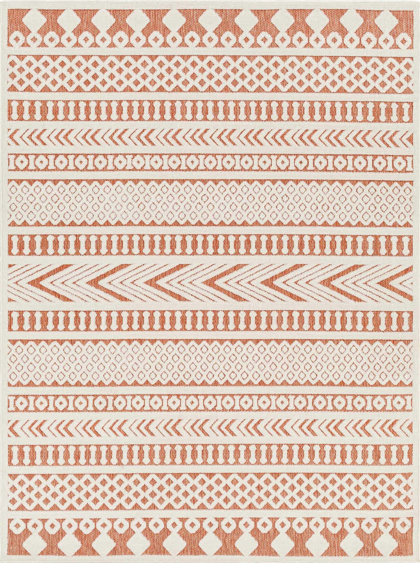 Close-up of the Jove Orange Outdoor Rug, featuring a Southwestern geometric pattern in bone and terracotta. Design-Rectangle-5373