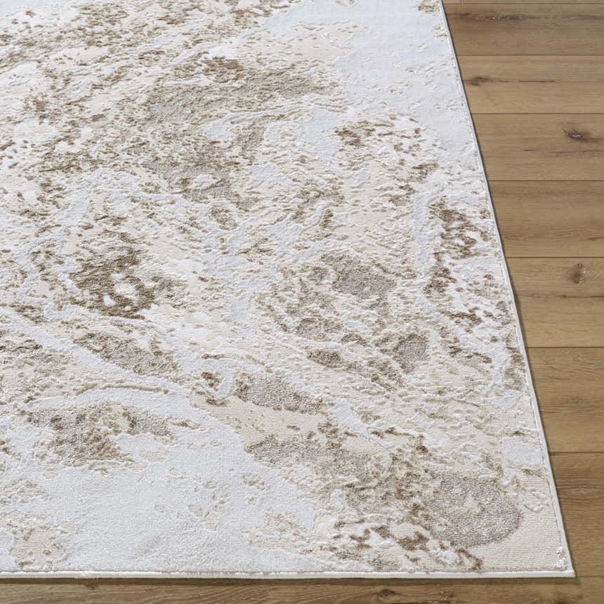 Close up of the Kaleo Area Rug showing its beige, cream, and tan abstract pattern and machine woven texture. Front