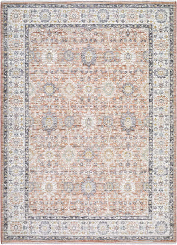 Adilet Dark Pink Washable Area Rug with traditional floral pattern and farmhouse style border. Rectangle shape. Design-Rectangle-537