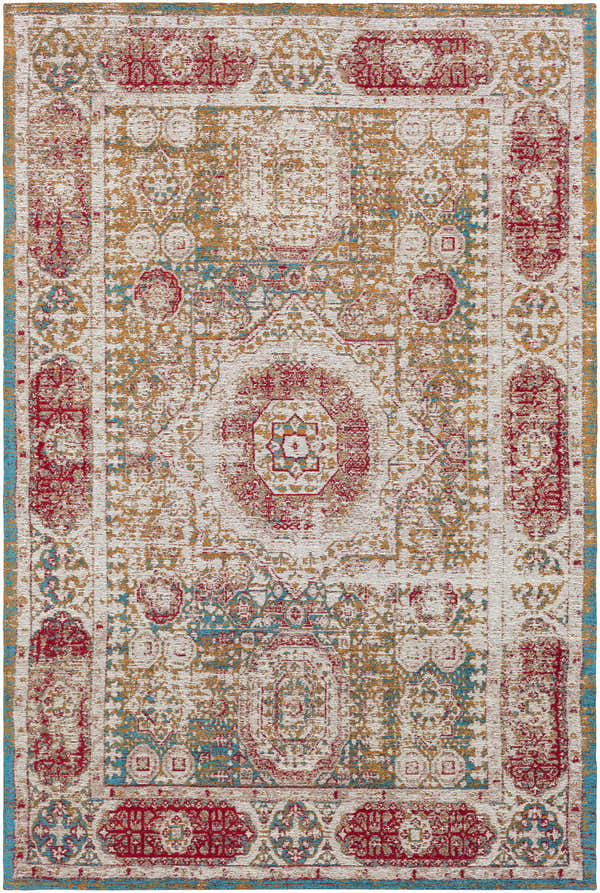 Close-up of Wrangell Mustard/Red Damask Carpet Area Rug. Bohemian style rug with red, mustard, and blue damask pattern. Design-Rectangle-576