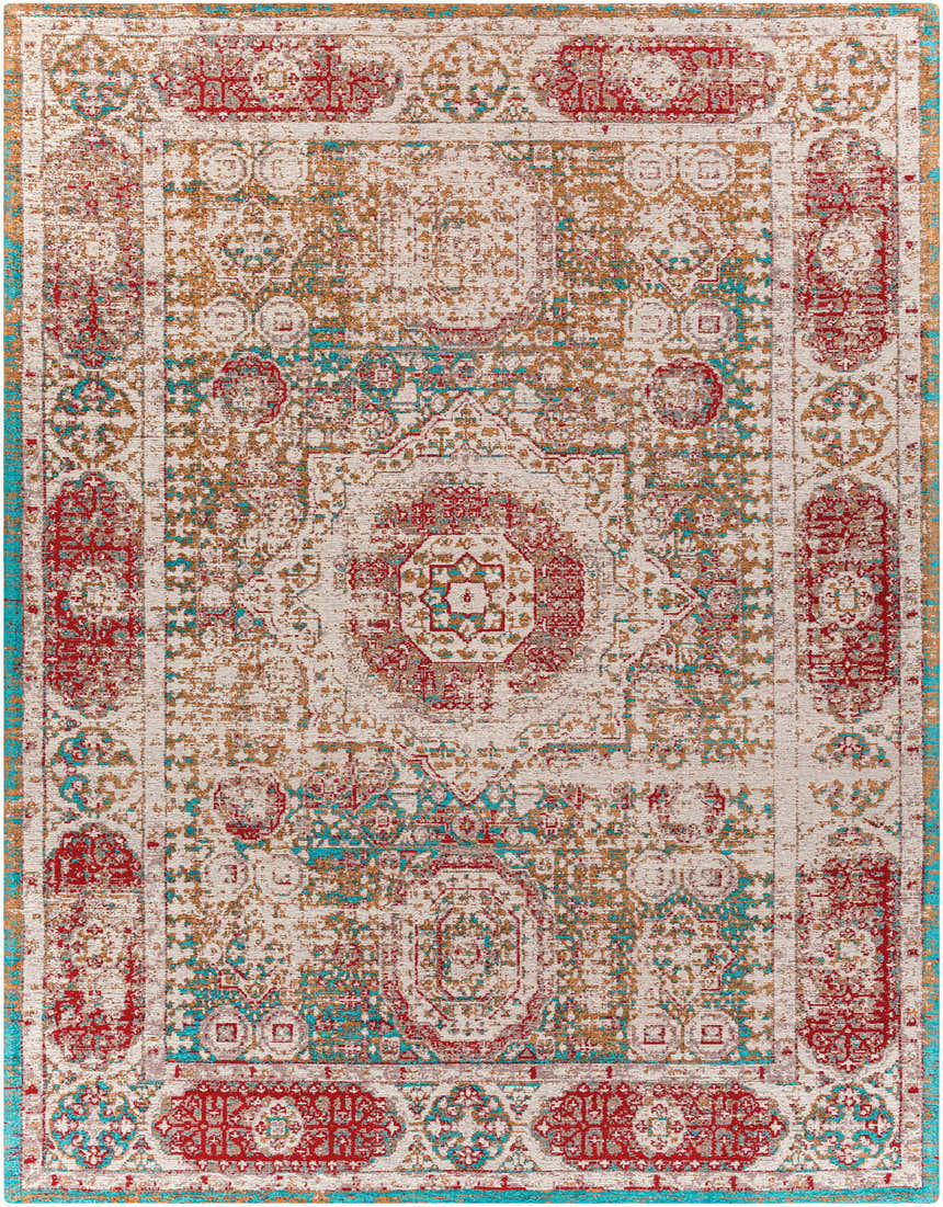 Close-up of Wrangell Mustard/Red Damask Carpet Area Rug. Features a vintage, bohemian design with red, mustard, and blue tones. Design-Rectangle-810