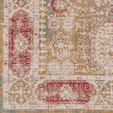 Close-up of Wrangell Mustard/Red Damask Carpet Area Rug showing its chenille texture and bohemian-inspired damask pattern. Swatch