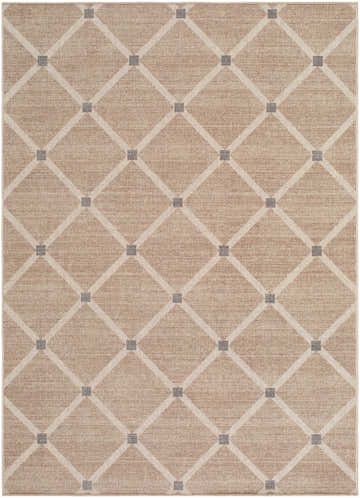 Close-up of Alpana Washable Wool Area Rug featuring a beige, ivory, and slate gray diamond trellis pattern. Design-Rectangle-57