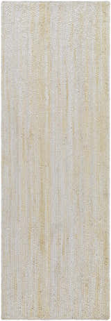 Close-up of Adahy Area Rug. Beige and bone jute rug with a hand-loomed, textured, vertical striped design. Design-Runner-268