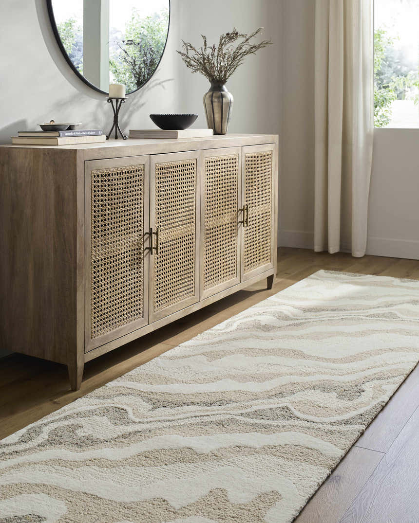 Entryway with wood cabinet, round mirror, and Siani Beige Wool Area Rug runner. Roomscene-Runner