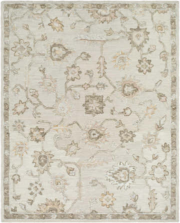 Close-up of the Adelle Tufted Oushak Area Rug. Beige wool rug with a traditional floral pattern in tan and brown. Hand-tufted texture. Design-Rectangle-810