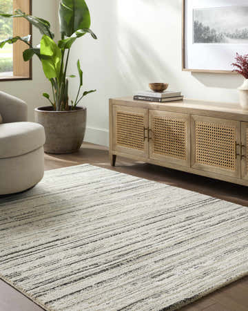 Living room scene with beige Sanja Luxe Rug, light wood cabinet, and neutral swivel chair. Roomscene-Rectangle