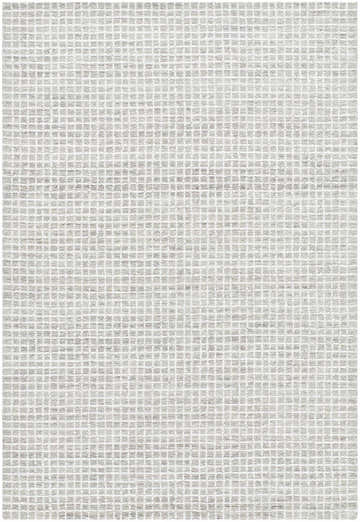 Close-up of the hand-tufted Anahid Gray Area Rug. Checkered design in ash, light silver, off white, and slate blue wool. Design-Rectangle-576