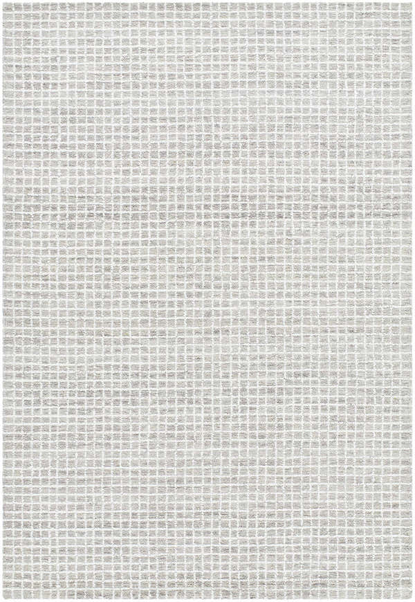 Close-up of the hand-tufted Anahid Gray Area Rug. Checkered design in ash, light silver, off white, and slate blue wool. Design-Rectangle-576