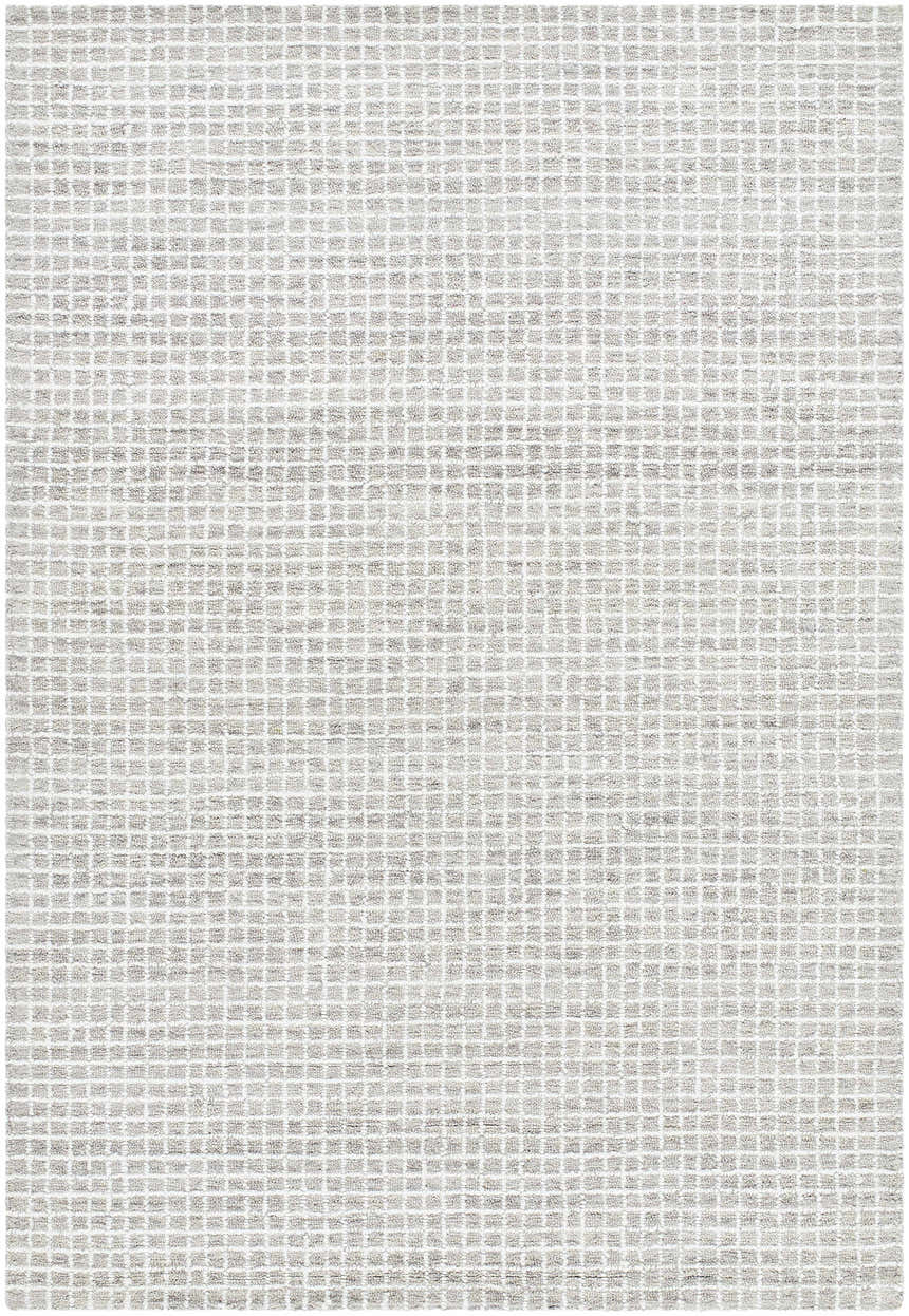 Close-up of the hand-tufted Anahid Gray Area Rug. Checkered design in ash, light silver, off white, and slate blue wool. Design-Rectangle-576