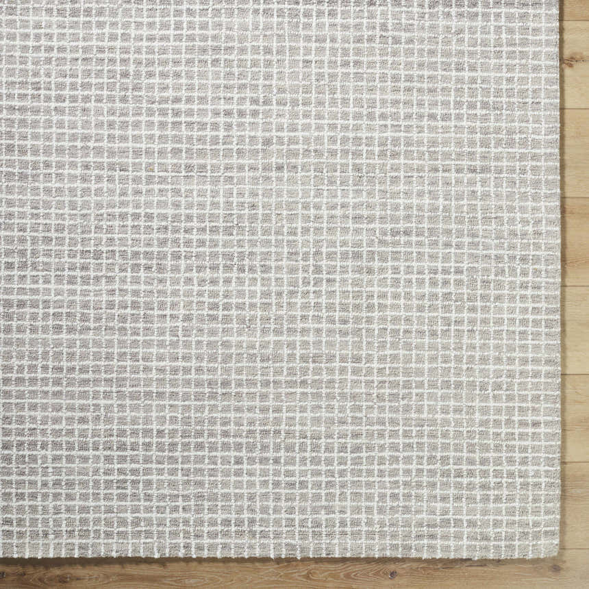 Close-up of the Anahid Gray Area Rug. Checkered pattern in ash, light silver, and off-white wool texture. Swatch