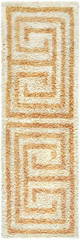 Close-up of the hand-tufted Wasim Area Rug. Brick red, camel, and tan wool rug with a geometric, Southwestern-inspired pattern. Design-Runner-268