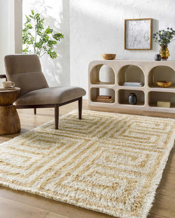 Living room scene with a tan chair and the tan and pearl Wasim Area Rug. Roomscene-Rectangle