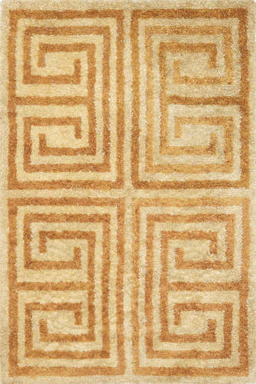Close-up of the hand-tufted Wasim Area Rug. Wool rug with a geometric Greek key pattern in brick red, camel, and tan. Design-Rectangle-582