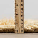 Close-up of the thick, hand-tufted pile of the Pearl Wasim Area Rug, showing its texture and height with a ruler. Pile