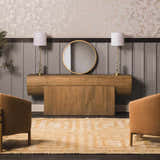 Entryway scene with a tan Wasim Area Rug, wood console table, round mirror, and camel-colored chairs. Roomscene-Rectangle