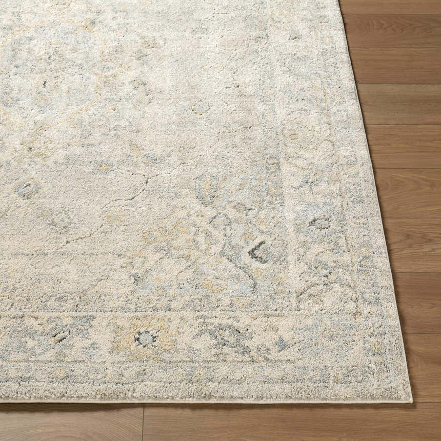Close-up of the Tyche Light Gray Thick Luxe Area Rug showing its traditional pattern and soft, plush texture on wood floors. Front