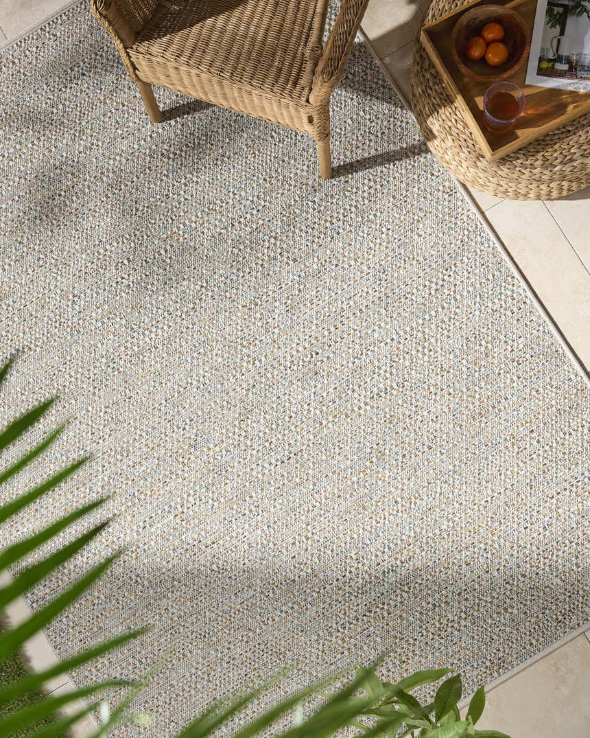 Close-up of Thanh Ivory Area Rug showing woven texture, neutral colors, and subtle pattern in a bright, airy sunroom. Roomscene-Rectangle