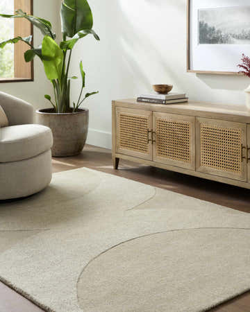 Living room scene with sage Torin Area Rug, neutral swivel chair, and wood cabinet with cane doors. Roomscene-Rectangle