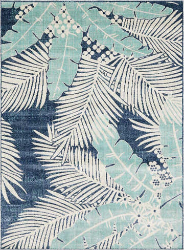 Close-up of Thebarton Coastal Blue Palm Area Rug, featuring a tropical palm leaf pattern in aqua, navy, and beige. Design-Rectangle