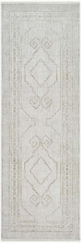 Close-up of the Taban Luxe Rug. Ash, light silver, and silver gray geometric pattern. Farmhouse style. Design-Runner-27710