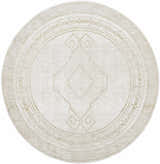 Close-up of round Taban Luxe Rug. Ash, light silver, and silver gray farmhouse style rug with geometric and floral pattern. Design-Round-7