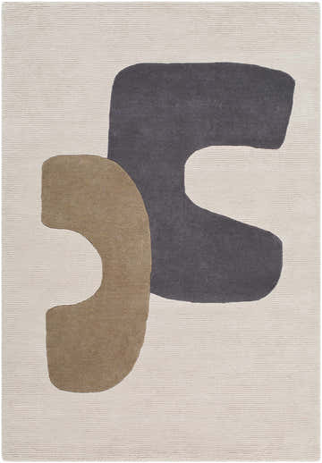 Close-up of the Terah Ivory Area Rug with a modern charcoal and taupe geometric design on a textured ivory wool background. Design-Rectangle-576