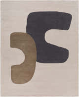 Close-up of the Terah Ivory Area Rug featuring a contemporary design with charcoal and taupe abstract shapes on an ivory wool background. Design-Rectangle-810