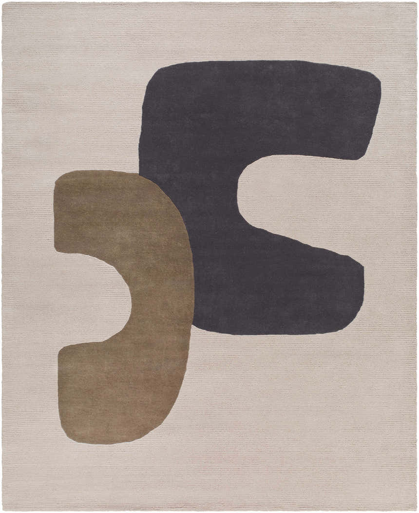 Close-up of the Terah Ivory Area Rug featuring a contemporary design with charcoal and taupe abstract shapes on an ivory wool background. Design-Rectangle-810