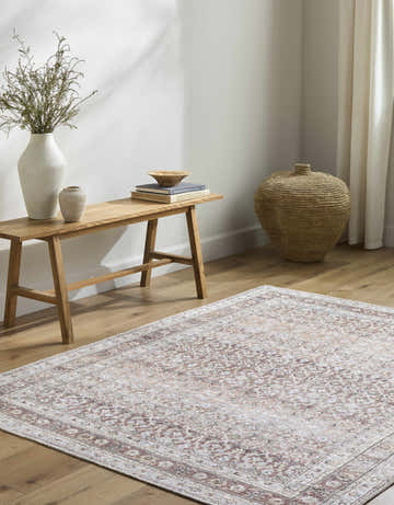 Entryway with wood floors, bench, and beige Tosca Washable Area Rug in farmhouse style. Roomscene-Rectangle