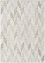 Close-up of Andrea Ivory Area Rug featuring a geometric pattern in ivory, sage, sandstone, sky blue, and taupe. Design-Rectangle-57