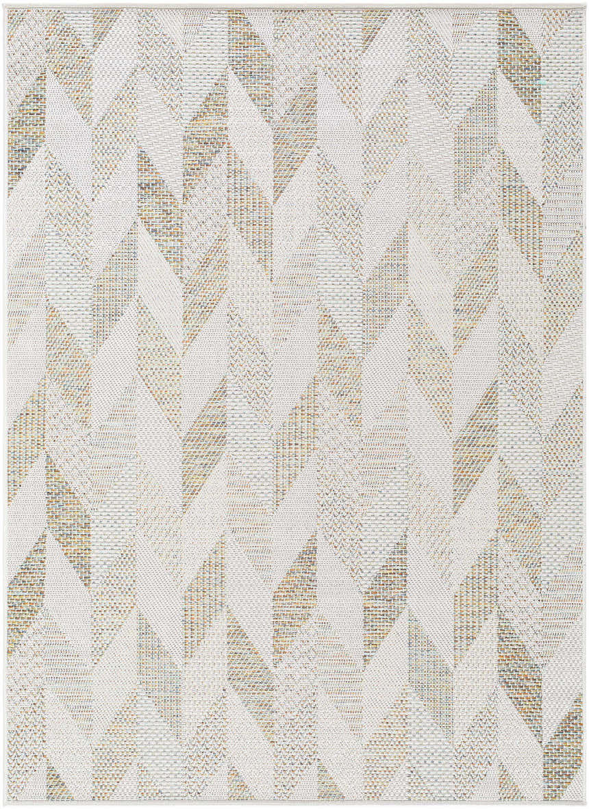Close-up of Andrea Ivory Area Rug featuring a geometric pattern in ivory, sage, sandstone, sky blue, and taupe. Design-Rectangle-57