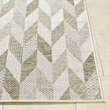 Close up of the Andrea Ivory Area Rug showing its woven texture and geometric ivory, sage, and sandstone pattern. Front